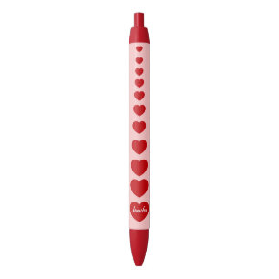 Stylo Noir Saint Valentin Coeurs rouges roses Personnalisé