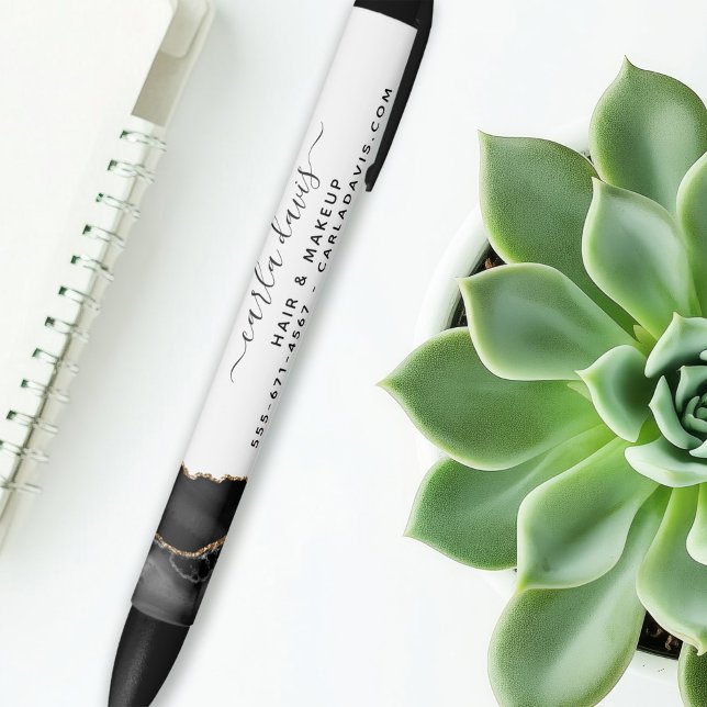 Stylo Noir Salon de style script Marbre Noir et Or Agate (Créateur téléchargé)