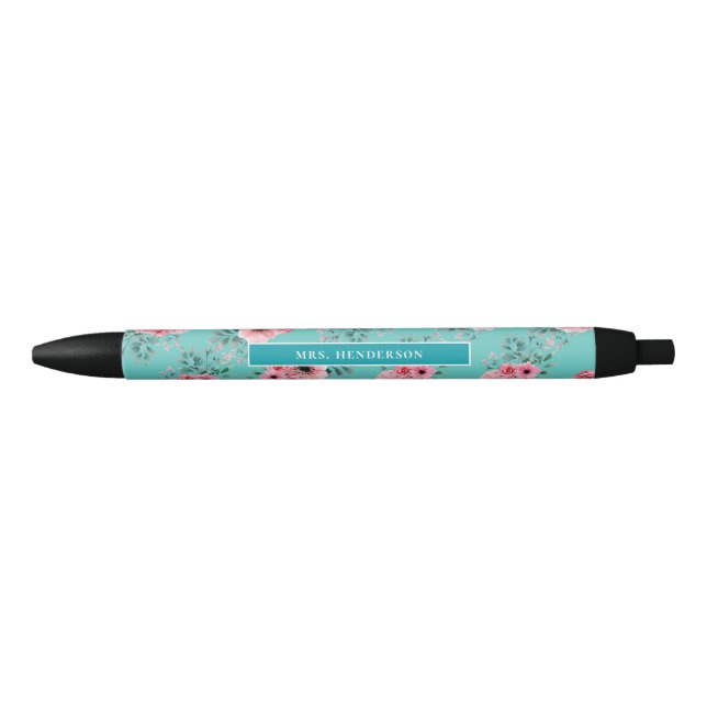 Stylo Noir Sarcelle | Chic aquarelle Floral Personnalisé (Devant)