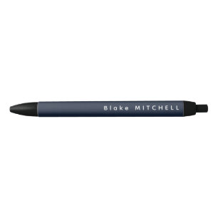 Stylo Noir Simple Monogramme Nom Bleu Marine Unique