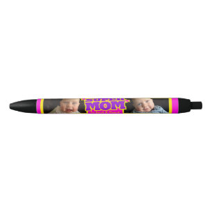 Stylo Noir Super Maman enfants rose nom et photo