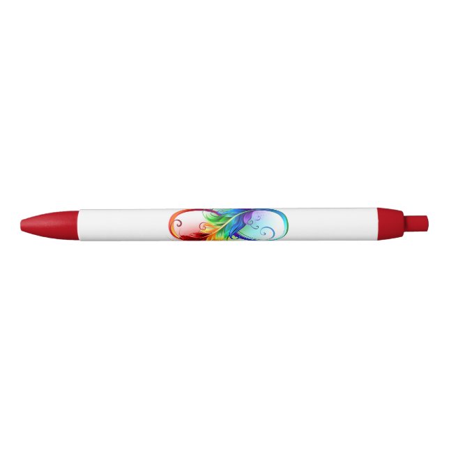 Stylo Noir Symbole d'infini avec plume arc-en-ciel (Devant)