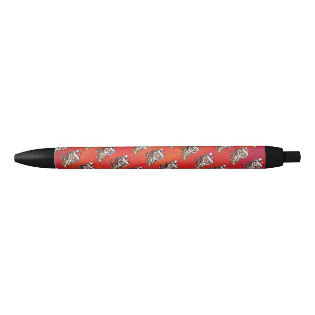 Stylo Noir Tigre de Noël sur fond rouge (Devant)