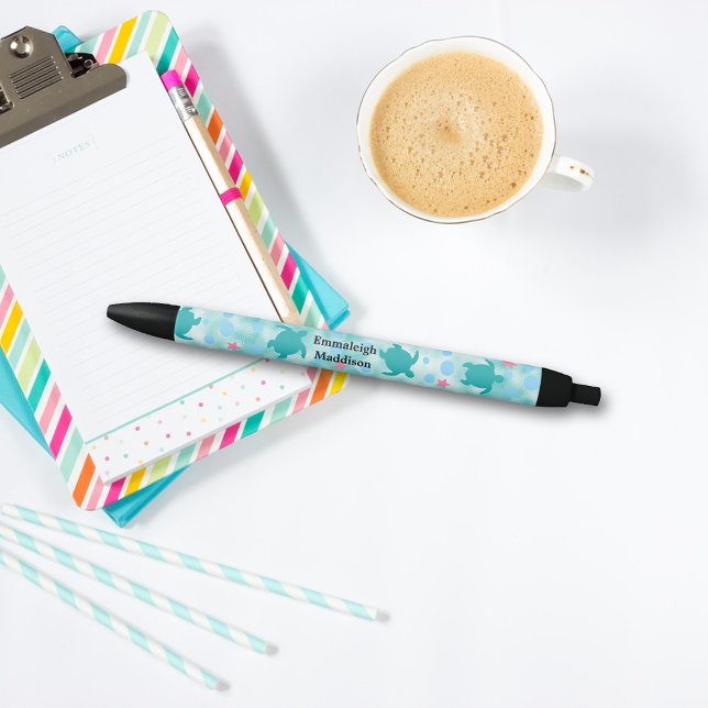 Stylo Noir Turquoise Turtle rose Star Motif Monogramme (Créateur téléchargé)