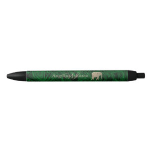 Stylo Noir Vert émeraude et éléphant doré monogrammé
