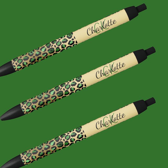 Stylo Noir Vert léopard or monogramme signature nom (Créateur téléchargé)
