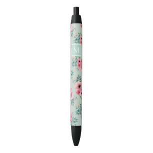 Stylo Noir Vert menthe Chic Aquarelle Floral Monogramme