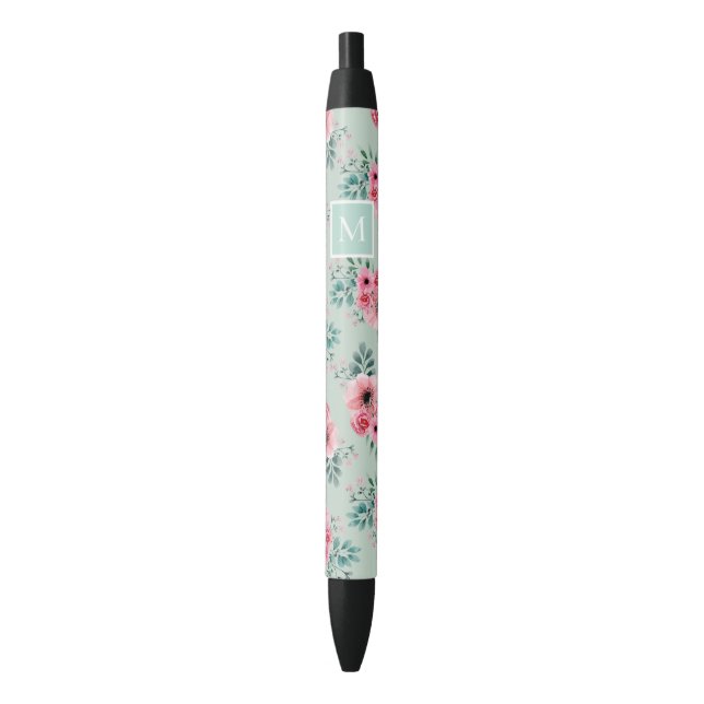 Stylo Noir Vert menthe | Chic Aquarelle Floral Monogramme (devant Vertical)