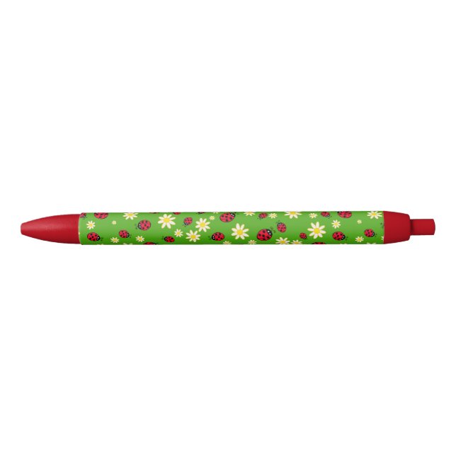 Stylo Noir vert mignon de motif de fleur de coccinelle et de (Devant)