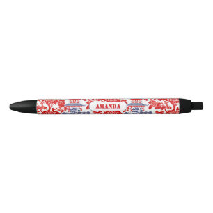 Stylo Noir Vintage Chinoiserie Delft Français rouge bleu mono