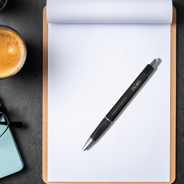 Stylo Nom de monogramme personnalisé en script doré noir (Créateur téléchargé)