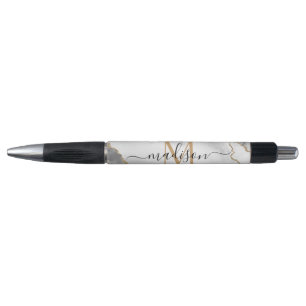 Stylo Nom de script monogramme agate pailleté or blanc c