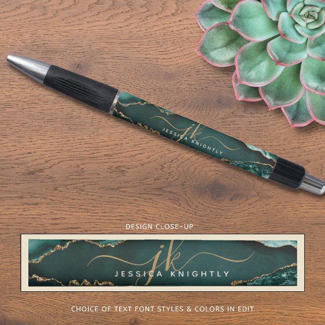 Stylo Nom Monogramme Élégant Turquoise Agate Or Script (Créateur téléchargé)