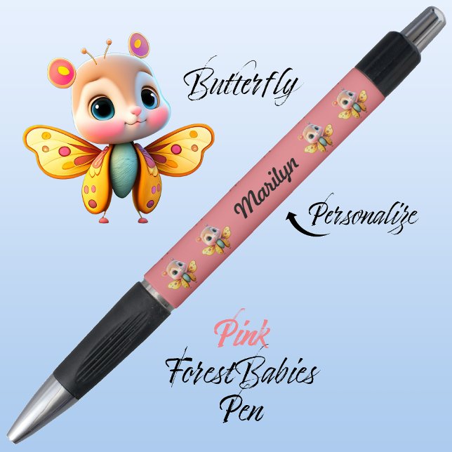 Stylo Papillon, Mignonne caractère de fille Whimsical, � (Cute Whimsical Confident Girl Butterfly Cartoon Graphic, Pink Personalizable ForestBabies Pen 🦋)