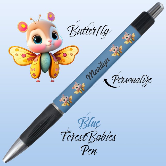 Stylo Papillon, Sympa caractère de fille Whimsical, 🦋 B (Cute Whimsical Confident Girl Butterfly Cartoon Graphic, Blue Personalizable ForestBabies Pen 🦋)