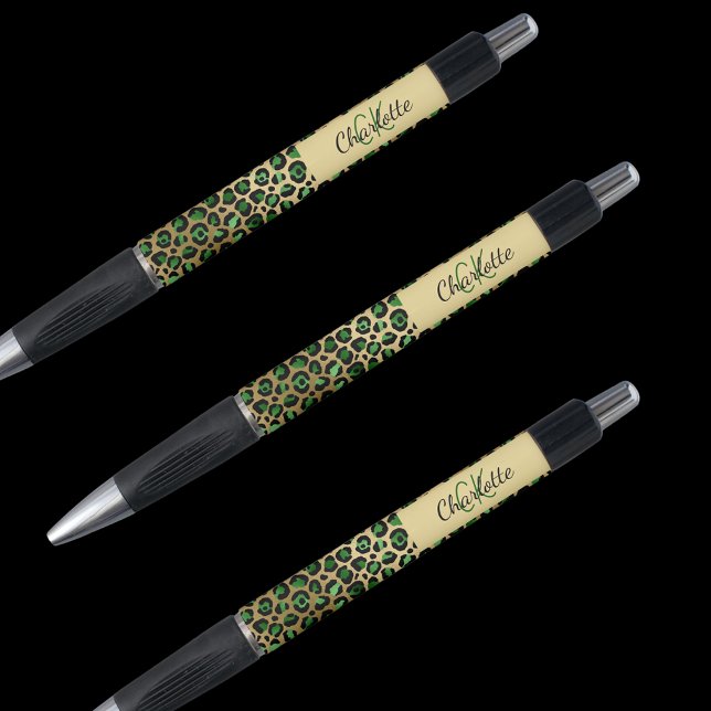 Stylo Signature nominative en monogramme vert léopard or (Créateur téléchargé)
