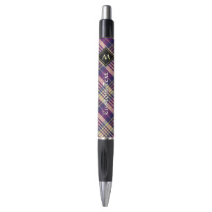 Stylo Tartan mauve, or et bleu