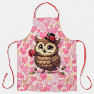 suave Owl with colourful hearts Valentine's Day  Apron