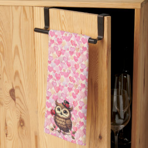 suave Owl with colourful hearts Valentine's Day Kitchen Towel
