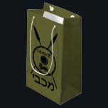 Subdued Maccabee Shield And Spears Small Gift Bag<br><div class="desc">A black military "subdued" style depiction of a Maccabee's shield and two spears. The shield is adorned by a lion and text reading "Yisrael" (Israel) in the Paleo-Hebrew alphabet. Hebrew text reading "Maccabee" also appears. The Maccabees were Jewish rebels who freed Judea from the yoke of the Seleucid Empire. Chanukkah...</div>