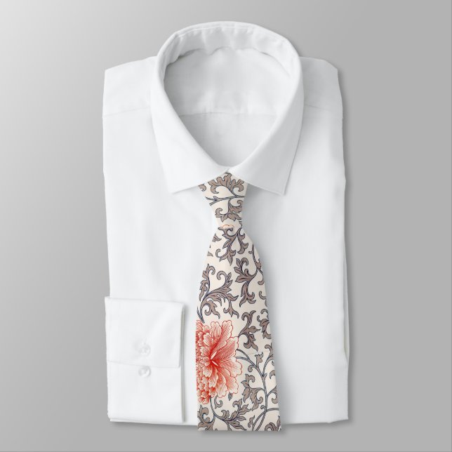 Subdued Oriental Floral Pattern Tie (Tied)
