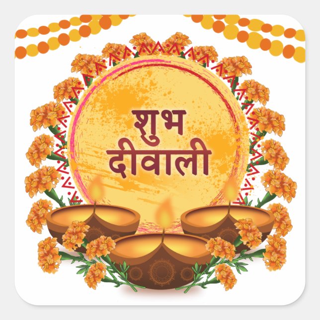 Subh Diwali Marigold Diya Festival of Light Floral Square Sticker (Front)