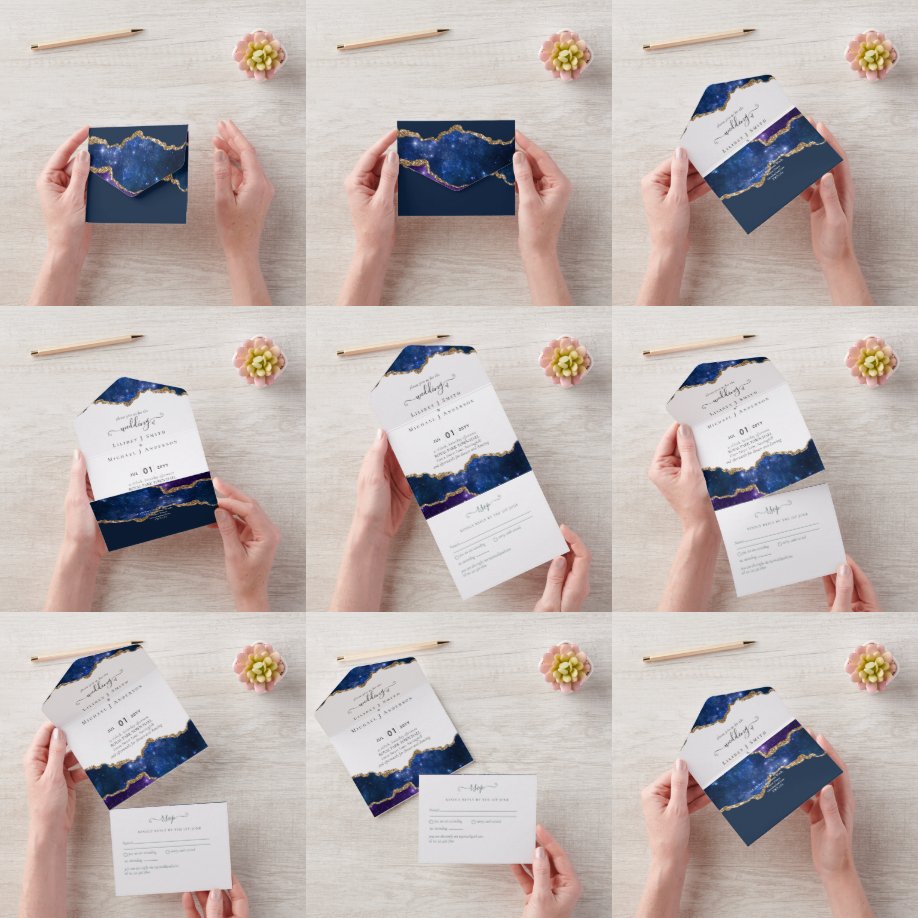 Sublime Agate Blue Gold WEDDING SUITE All In One Invitation