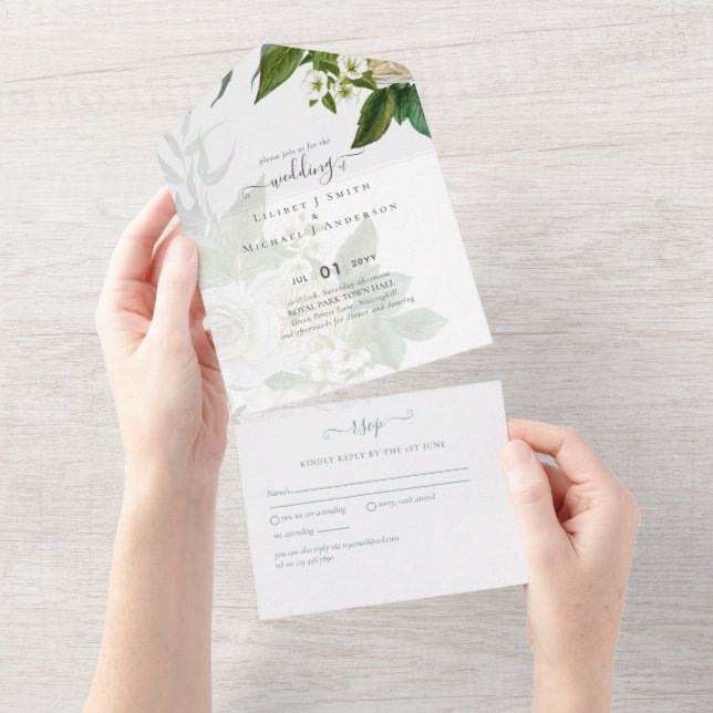 Sublime  Dusty Blue and White Roses Wedding Suite  All In One Invitation (Tearaway)