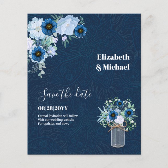 Sublime Dusty Blue Floral Mason Jar Wedding Flyer (Front)