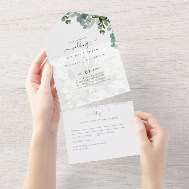 Sublime Dusty Blue GREENERY Eucalyptus WEDDING All In One Invitation (Tearaway)