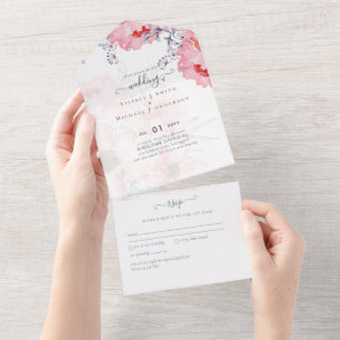 Sublime  Dusty Blue Pink Blossom Wedding Suite All All In One Invitation