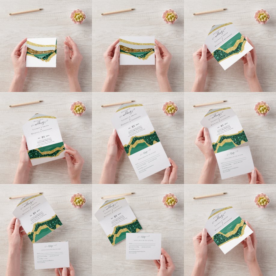 Sublime Emerald Green Gold Agate Wedding All In One Invitation