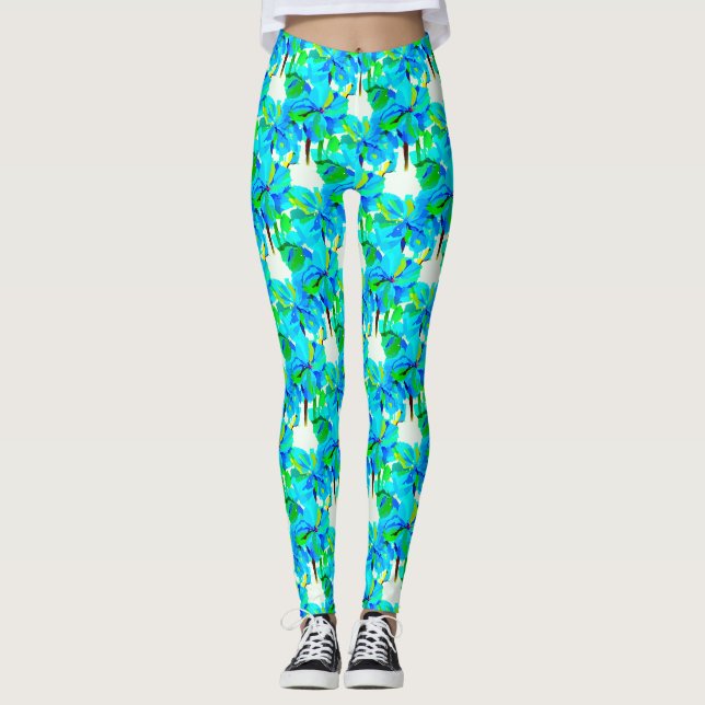 Sublime Himalayan Poppy Aqua Blue Floral Pattern Leggings (Front)