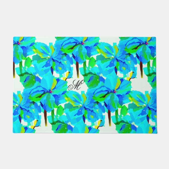 Sublime Himalayan Poppy Aqua Green Floral Pattern Doormat (Front)