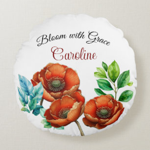Sublime Watercolor Red Poppies Happy Retirement Round Pillow