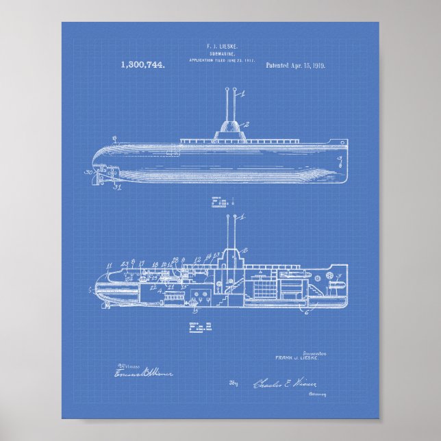 Submarine 1919 Patent Art Blueprint Poster (Front)