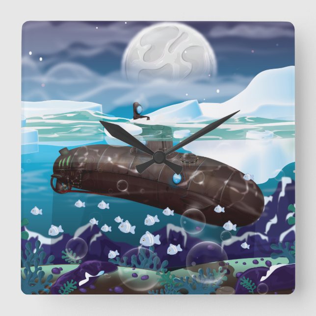 Submarine Arctic Adventure Square Wall Clock (Front)