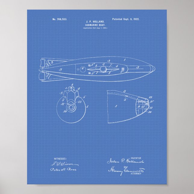 Submarine Boat 1902 Patent Art Blueprint Poster (Front)