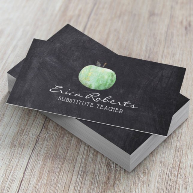 Substitute Teacher Green Apple Chalkboard Business Card (Creator Uploaded)