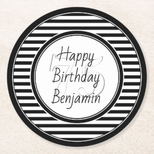 Subtle Age Black and White Stripes Happy Birthday Round Paper Coaster
