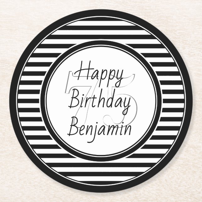 Subtle Age Black and White Stripes Happy Birthday Round Paper Coaster (Front)