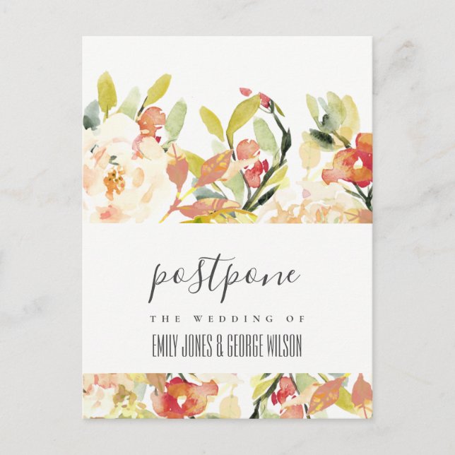 SUBTLE BLUSH PEACH PINK FLORAL WEDDING POSTPONE ANNOUNCEMENT POSTCARD (Front)