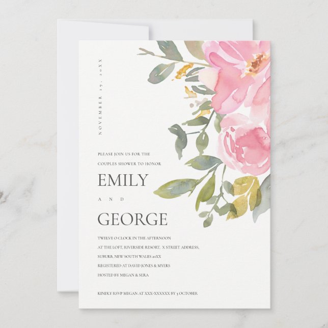 SUBTLE BLUSH PINK ROSE FLORAL COUPLE SHOWER CARD (Front)