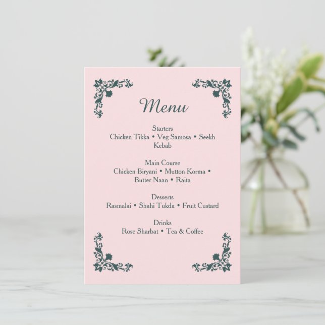 Subtle Blush & Slate Grey Floral Dinner Menu (Standing Front)