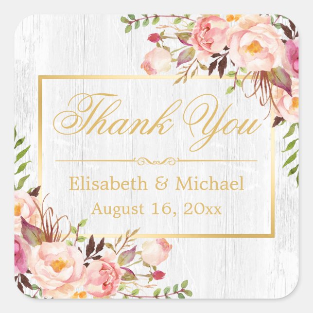 Subtle Chic Wood Grain Floral Gold Frame Thank You Square Sticker (Front)