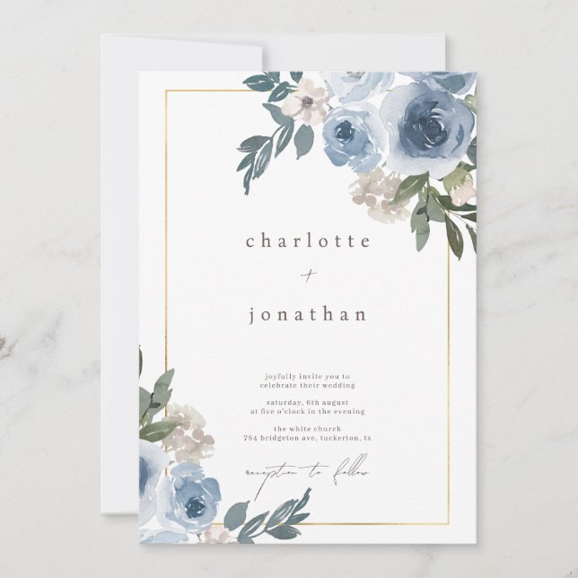 Subtle Dusty Blue & Cream Floral Wedding Invitatio Invitation (Front)