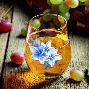 Subtle Elegant Name, Cobalt Tropical Frangipanis Stemless Wine Glass