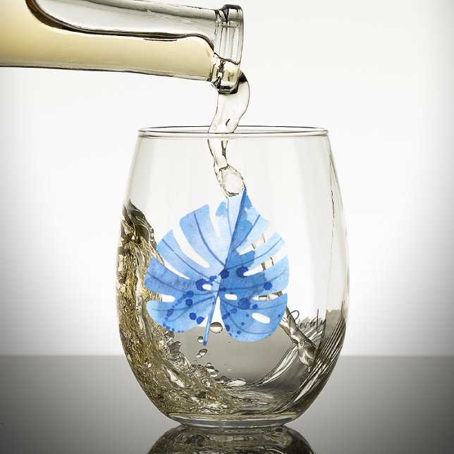 Subtle Elegant Name, Cobalt Tropical Monstera Leaf Stemless Wine Glass (Creator Uploaded)
