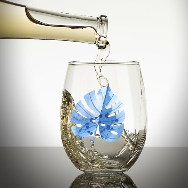 Subtle Elegant Name, Cobalt Tropical Monstera Leaf Stemless Wine Glass (Creator Uploaded)