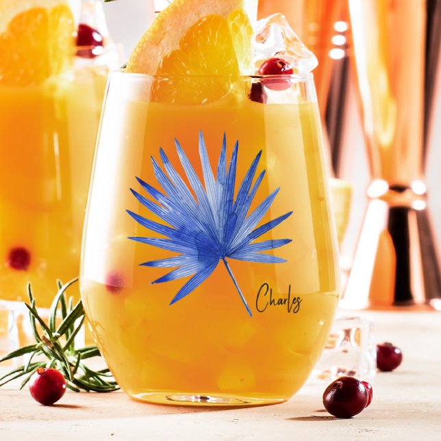 Subtle Elegant Name on Cobalt Tropical Palm Leaf Stemless Wine Glass (Creator Uploaded)